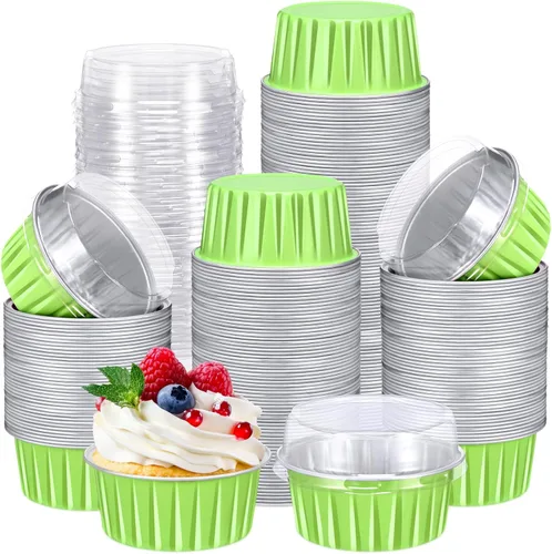 Paquete de 200 Moldes de Papel de Aluminio para Hornear Cupcakes de 5oz Forros para Cupcakes Tazas de Postre con Tapas Moldes Desechables para Verde
