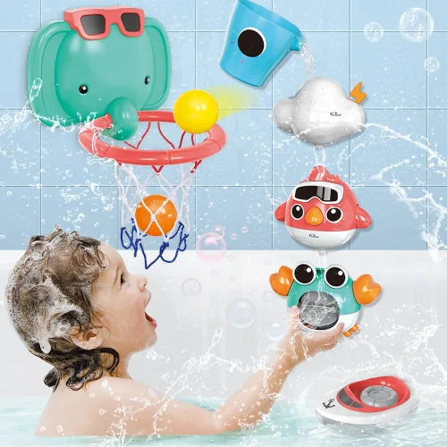 Miniatura 3 de VATOS Juguetes de baño para bebés, juguetes de baño de baloncesto de elefante para bebés, niños y niñas de 1 año, juego de bañera para bebés