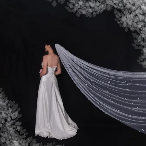 Miniatura 2 de Mopmap 1 nivel nupcial velo de novia perla capilla longitud tul accesorios para el cabello con peine