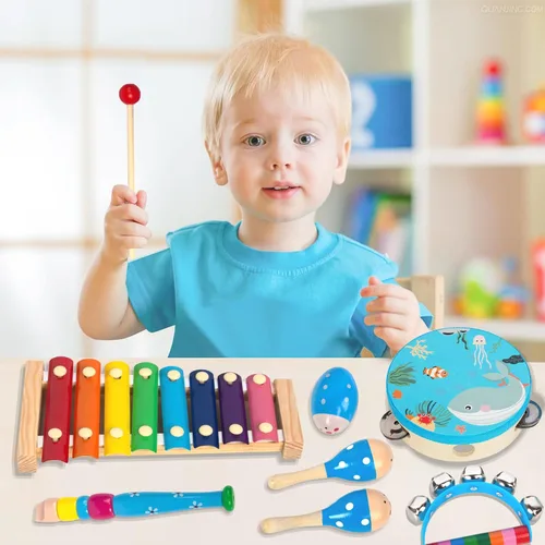 Miniatura 4 de Juego de instrumentos musicales de madera para niños pequeños de 1 a 3 años, instrumentos de percusión de madera natural, juego de regalo