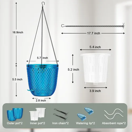 Miniatura 3 de QCQHDU - Macetas colgantes para plantas de interior, paquete de 2, 5.7 pulgadas, azul Klein Plástico, Autorriego, Percha de Plantas, Agujeros