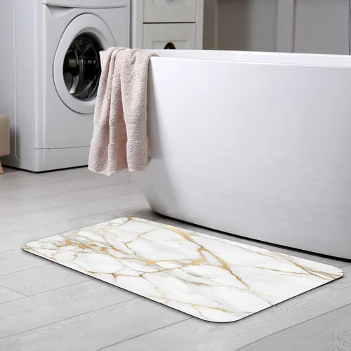 Miniatura 3 de Mrcrypos Alfombra de baño con diseño de mármol blanco dorado, antideslizante, de secado rápido, súper absorbente, delgada, lavable, accesorios