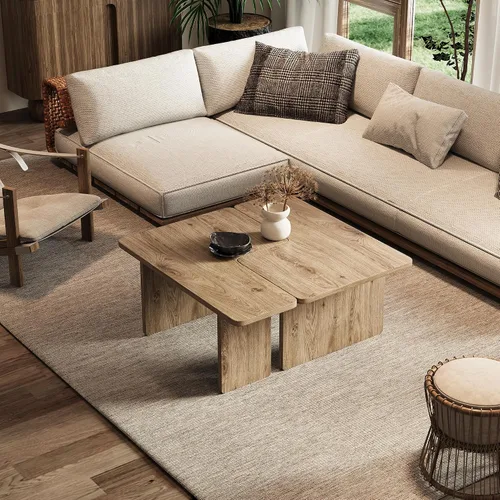 Miniatura 4 de Mesa de centro moderna doble en forma de L, mesa central con acabado de madera de roble, dispuesta libremente para adaptarse a cualquier espacio