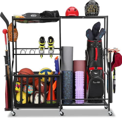 Miniatura 9 de EXTCCT Organizador de equipo deportivo de garaje, contenedor de almacenamiento de bolas rodantes con ruedas, estante de equipo deportivo de garaje