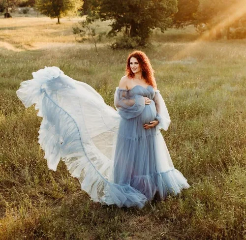Miniatura 6 de Vestidos de maternidad de tul para sesión de fotos, batas de hombros descubiertos, manga larga, lencería nupcial, baby shower, vestidos de embarazo