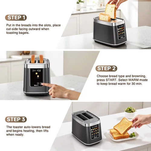 Miniatura 7 de Mecity Tostadora de 2 rebanadas con pantalla táctil y elevación automática, tostadora de acero inoxidable de tacto frío con 8 ajustes de pan, 5
