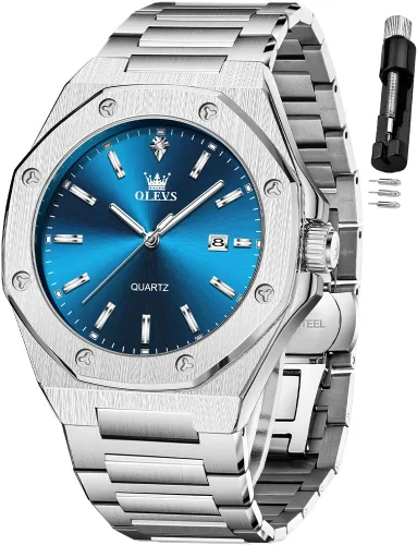 Miniatura 15 de OLEVS - Relojes de acero inoxidable para hombre, reloj de negocios y vestir de gran tamaño, fácil de leer, analógico, impermeable, luminoso, casual