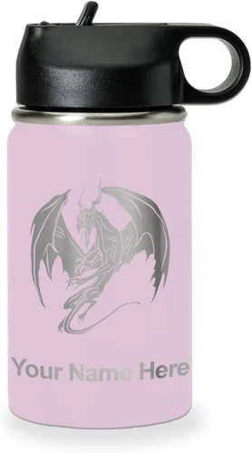 Miniatura 22 de LaserGram Botella de agua con tapa abatible de doble pared de 12 onzas con pajilla, dragón, grabado personalizado incluido (negro)
