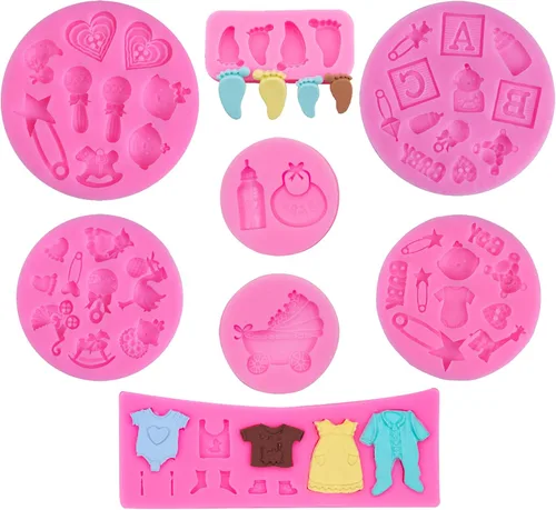 Woohome Moldes de silicona para baby shower, 8 piezas de fondant de silicona para baby shower, pastel de cumpleaños, moldes de decoración de pasteles