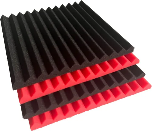 Miniatura 6 de Paquete de 52 paneles acústicos de 12 x 12 x 1 pulgadas, espuma para insonorización de estudio (negro y rojo)