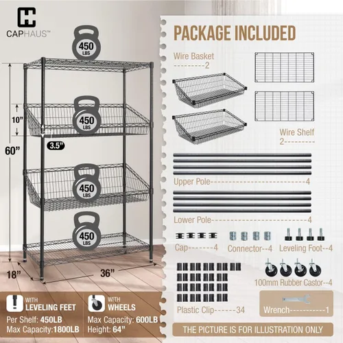 Miniatura 3 de CAPHAUS NSF - Estantería comercial de alambre de 4 niveles con dos cestas trapezoidales, ruedas, patas niveladoras, estante de almacenamiento negro