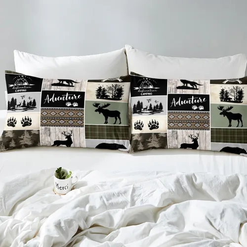 Miniatura 5 de Juego de funda de edredón para niños de ciervo, oso, lobo, tamaño individual, juego de ropa de cama de cabaña de aventura para niños, niñas