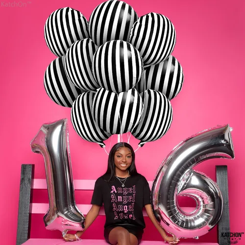 Miniatura 2 de KatchOn, Globos grandes a rayas blancas y negras de 18 pulgadas, paquete de 10 globos de aluminio para decoraciones de fiesta de cumpleaños