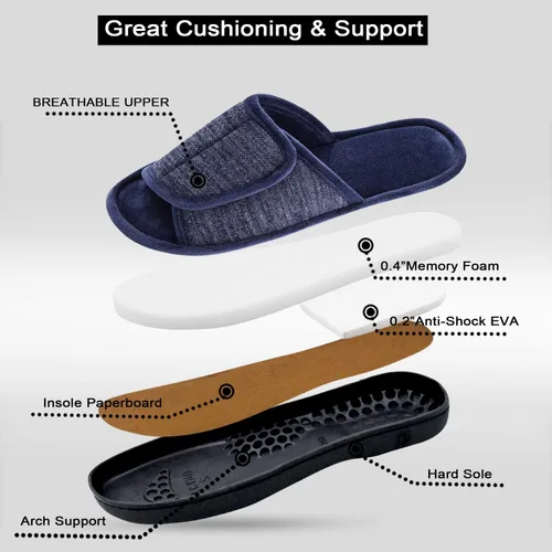 Miniatura 4 de DL Pantuflas ajustables de espuma viscoelástica para hombre, con punta abierta, cómodas para interiores y exteriores, acogedoras y transpirables
