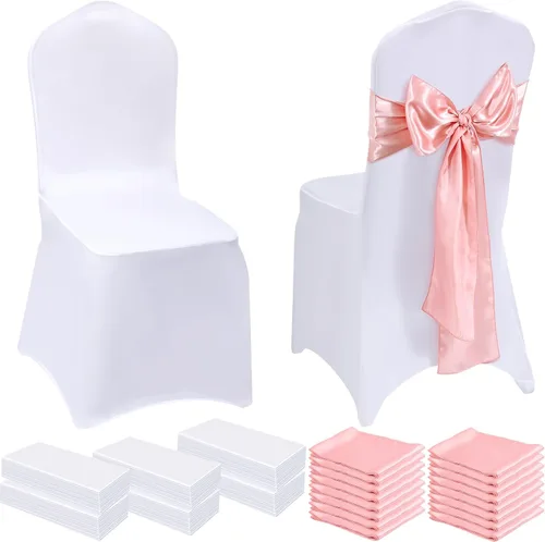 Miniatura 12 de Mepase Juego de 100 fundas blancas para sillas con 50 fundas elásticas de elastano para sillas de 50 sillas, lazos y fajas, funda ajustable blanco