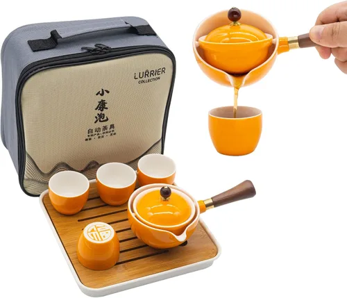 Miniatura 8 de LURRIER Juego de té chino de porcelana Gongfu, juego de tetera portátil con rotación de 360 grados, tetera y infusor, juego todo en uno portátil
