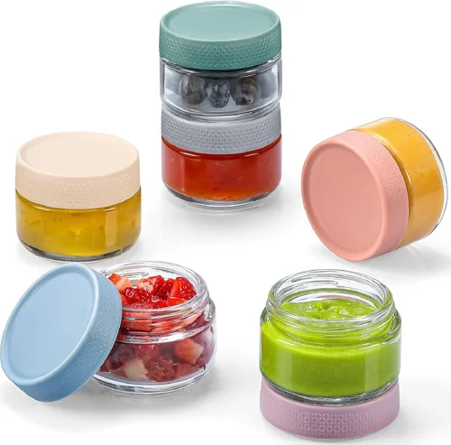 NETANY Recipientes de vidrio para aderezo de ensalada de 2 onzas, paquete de 6 recipientes pequeños para salsa con tapas y mini recipientes para