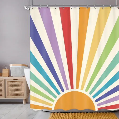 Newsely Cortina de ducha bohemia vintage sol de los años 70, 60 pulgadas de ancho x 72 pulgadas de alto, diseño retro de arco iris, lindo rayos de