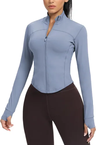 Miniatura 6 de AVGO Chaquetas de entrenamiento recortadas para mujer, con cremallera, ajustadas, atléticas, con agujeros para el pulgar
