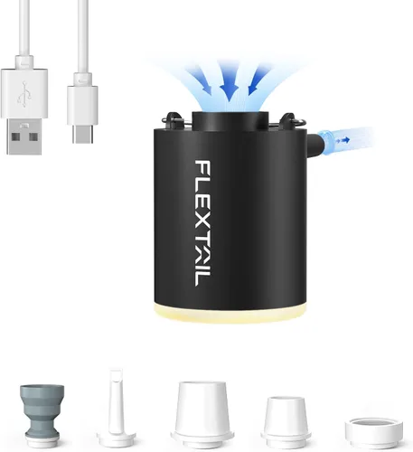 FLEXTAILGEAR Bomba de aire de camping con luz de campamento, bomba de aire para inflables, bomba de colchón de aire portátil con flujo de aire de