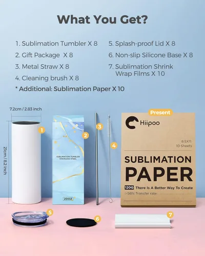 Miniatura 2 de Hiipoo Paquete de 8 vasos de sublimación en blanco de 20 onzas, rectos, delgados con papeles de sublimación, tapas y popotes, películas retráctiles