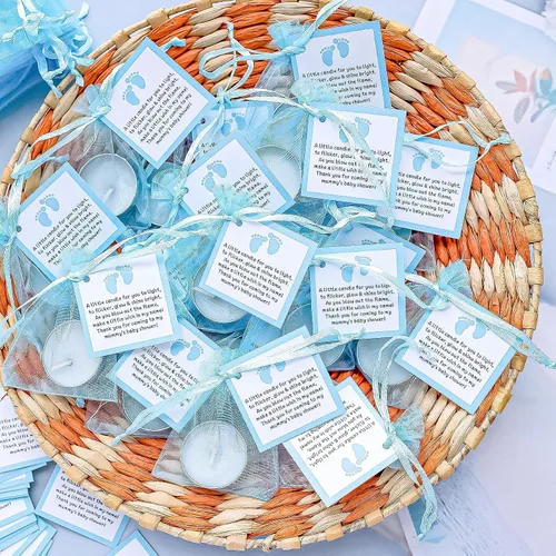 Miniatura 8 de Juego de 50 velas de té para recuerdos de fiesta de baby shower, recuerdos de bautizo para invitados, recuerdos de revelación de género de bebé Azul