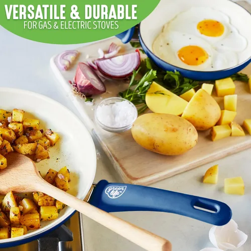 Miniatura 7 de GreenLife Soft Grip - Juego de ollas y sartenes de cerámica saludable de 16 piezas, antiadherentes de cerámica saludable de agarre azul y suave