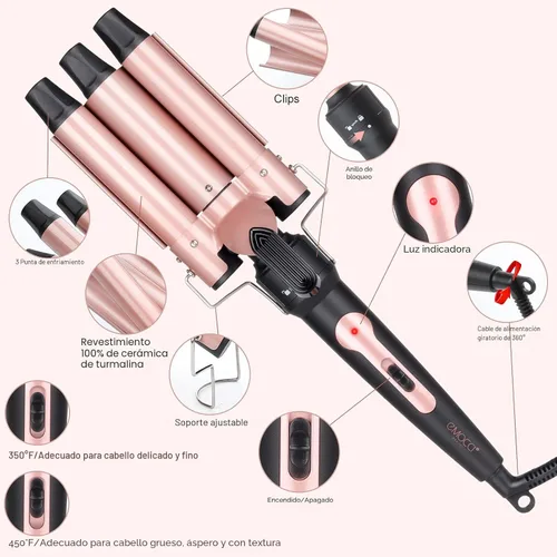 Miniatura 4 de Varita Rizador de Pelo y Rizador de Cabello, Emocci Pro Grande de 3 Barriles (0.35"-1.25" de Cerámica) Rizador de Cabello para Mujeres, Ondas