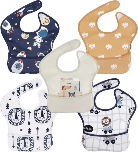 Soarwg Kids Baberos para bebé, paquete de 5 baberos impermeables unisex para niños y niñas, imprescindibles para bebés que comen, alimentan Cartoon