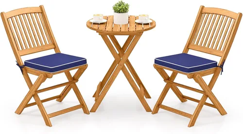 Miniatura 11 de Tangkula Juego de 3 piezas de sillas y mesa de madera de acacia para exteriores, con cojín acolchado y mesa de centro redonda, ideal para patio Rojo