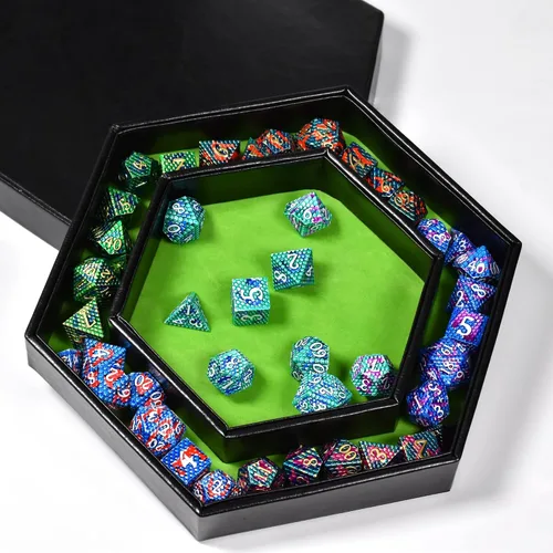 Miniatura 4 de DND - Bandeja de dados hexagonal 2 en 1, material de piel sintética, color verde, compatible con D&D, MTG, Dice Arena