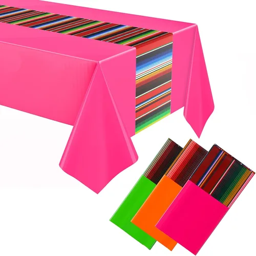 Miniatura 14 de Oudain Mantel de plástico para fiesta, 3 piezas, 108 x 54 pulgadas, desechables, impermeables, mexicanos, a rayas, para noche de tacos, festivales