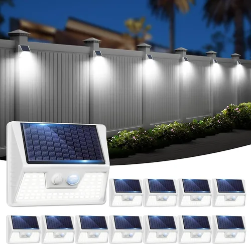 Miniatura 19 de vighep Paquete de 12 luces solares de movimiento para exteriores, luces impermeables para valla al aire libre, luces LED de pared blancas cálidas