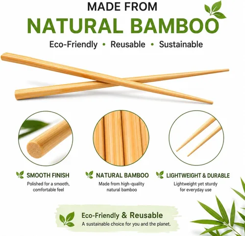 Miniatura 6 de Juego de palillos de madera de bambú chino natural de 9.5 pulgadas, reutilizables, estilo clásico, palillos de madera (5 pares)
