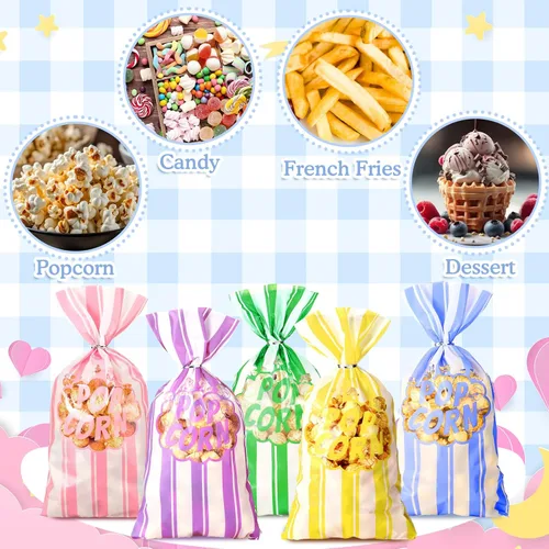 Miniatura 5 de 200 bolsas de palomitas de maíz, bolsas de plástico para máquina de palomitas de maíz, recipientes de maíz con lazos giratorios para carnaval, Pastel