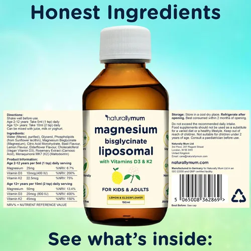 Miniatura 7 de Liposomal de magnesio con vitaminas D3 y K2 Bisglicinato de magnesio para niños y adultos Suplemento líquido altamente absorbente Sabor a