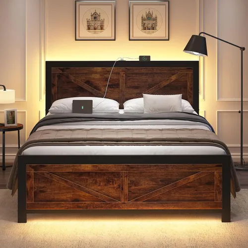Miniatura 8 de DOGIBIXO Marco de cama tamaño completo con luces LED y carga USB, marco de cama de plataforma industrial con cabecera de puerta de granero