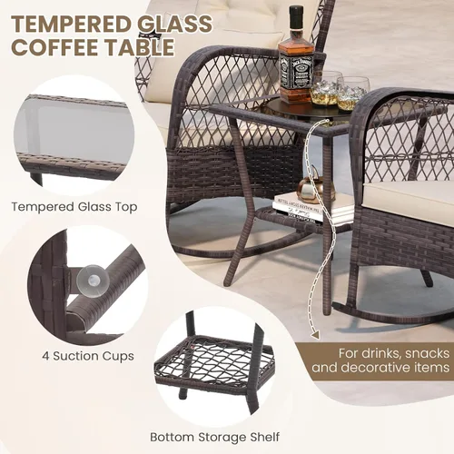 Miniatura 5 de ORALNER Juego de 3 mecedoras de mimbre para muebles de patio, sillas mecedoras para exteriores con cojines, almohadas, mesa de centro de cristal