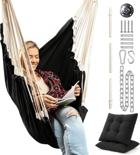 Miniatura 12 de Silla colgante hamaca columpio – Silla colgante para exteriores e interiores – Silla columpio hamaca – Instalación rápida y fácil con kit de Negro