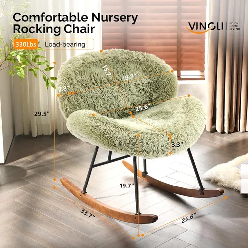 Miniatura 2 de VINGLI Silla mecedora de guardería extra ancha de 25.6" de 115° sin brazos, silla deslizante curvada linda con patas en X con almohada y madera