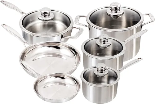 Swiss Diamond Premium Clad - Juego de utensilios de cocina de acero inoxidable de 5 capas de 10 piezas con acabado exterior satinado, juego de ollas