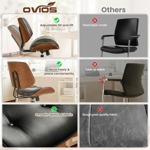 Miniatura 9 de ovios Silla de oficina en casa con ruedas, moderna silla de escritorio giratoria de piel sintética, respaldo medio, altura ajustable, sillas de botón