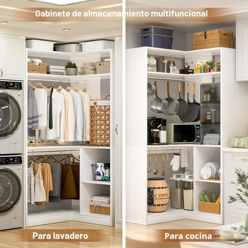 Miniatura 6 de Aheaplus - Sistema de armario de esquina con estantes, organizador de 34'' con varillas para colgar, de madera para espacios pequeños, torre Blanco