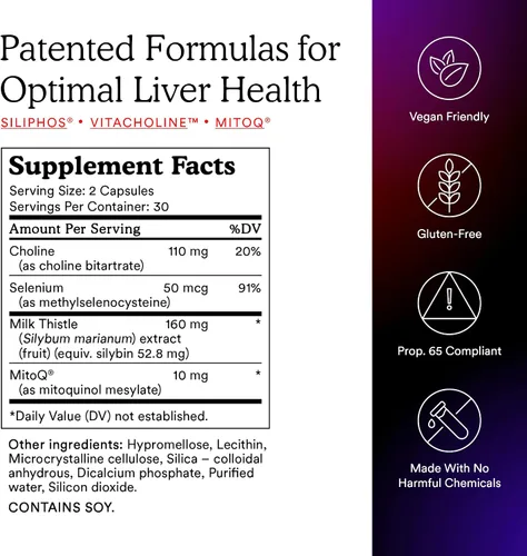 Miniatura 5 de MitoQ +Hígado - Suplemento hepático avanzado con cardo mariano altamente biodisponible, colina, mitoquinol de selenio - Apoya el metabolismo