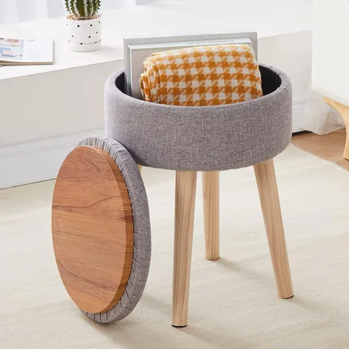 Miniatura 9 de Otomana de Almacenamiento Taburete, Taburete de Tocador Redondo de Terciopelo Teddy, Taburete con Bandeja Superior y Patas de Madera, Otomana