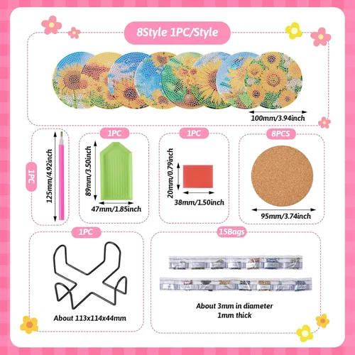 Miniatura 2 de Cheriswelry 8 posavasos de girasol para bricolaje, diseño de flores, diamantes con soporte 5D, kit de alfombrilla de pintura de diamantes