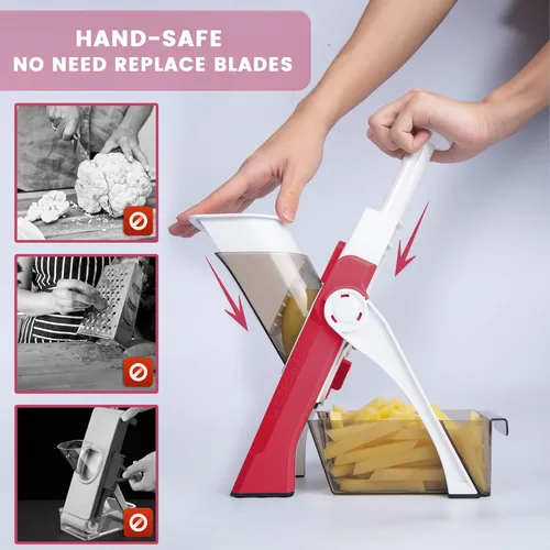 Miniatura 2 de SupMaKin rebanador de mandolina seguro para cocina, cortador de verduras, papas fritas, rebanador de grosor ajustable manual, artefacto de corte Rojo
