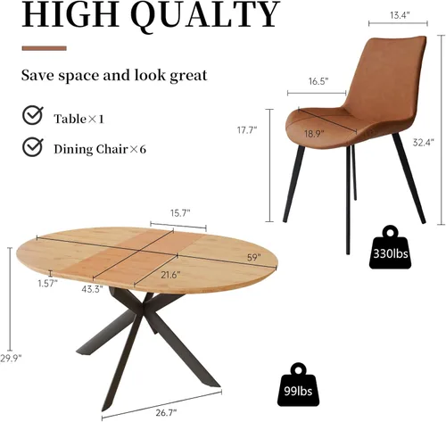 Miniatura 6 de HIPIHOM Juego de Mesa de Comedor Redonda Extensible de 43.2"-59.1", Mesa de Cocina Redonda de Madera de Mediados de Siglo, Mesa de Café de Roble
