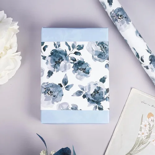 Miniatura 5 de RUSPEPA Papel de regalo reversible floral para niñas y mujeres, mini rollo, acuarela azul floral y azul sólido papel de regalo para cumpleaños, Rosa
