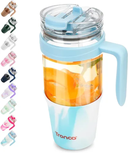 Miniatura 27 de Tronco Vaso de vidrio de 32 onzas con popote y tapa, tapa con popote 2 en 1 a prueba de fugas, botellas de agua de vidrio con asa, apto para Rosa